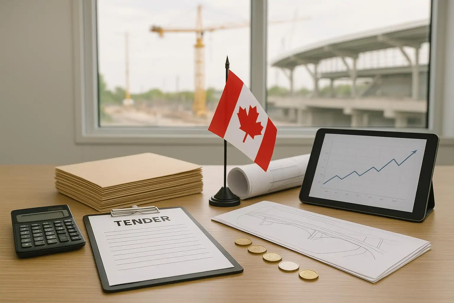 Тендерные документы и чертежи на столе с маленьким флагом Канады и графиком роста расходов