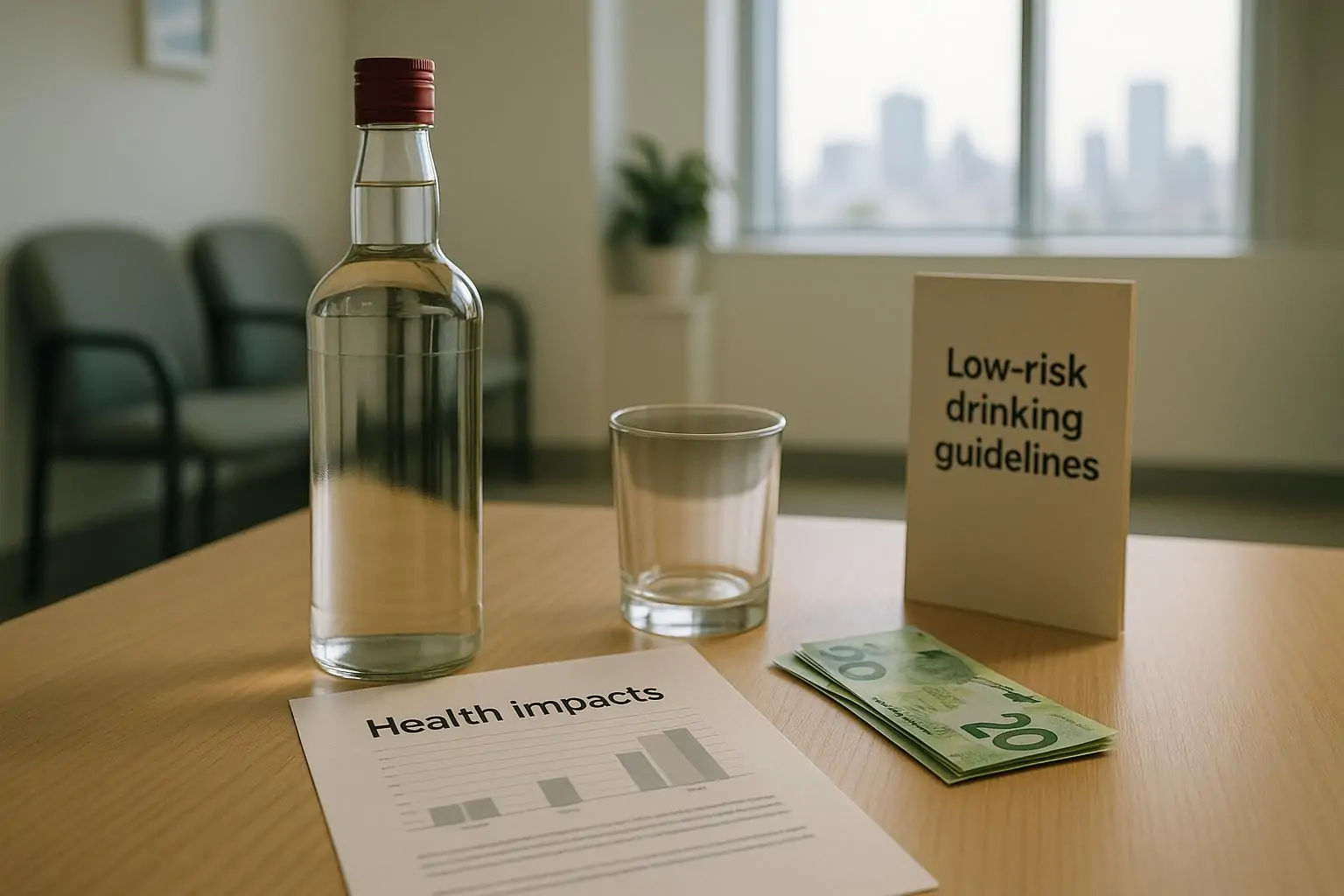 Стол в светлой клинике: бутылка и пустой стакан рядом с отчётом и деньгами, символ ущерба от алкоголя