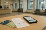 На столе в канадском банке чек с «NSF fee: $10», карта, смартфон с низким балансом и купюры