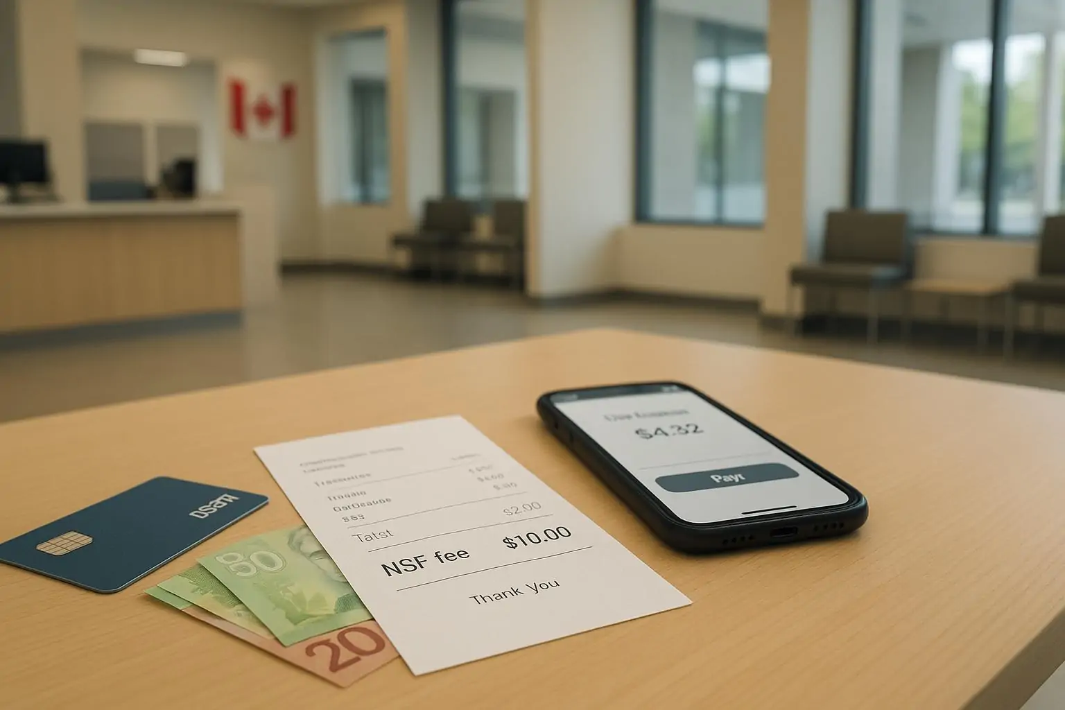 На столе в канадском банке чек с «NSF fee: $10», карта, смартфон с низким балансом и купюры
