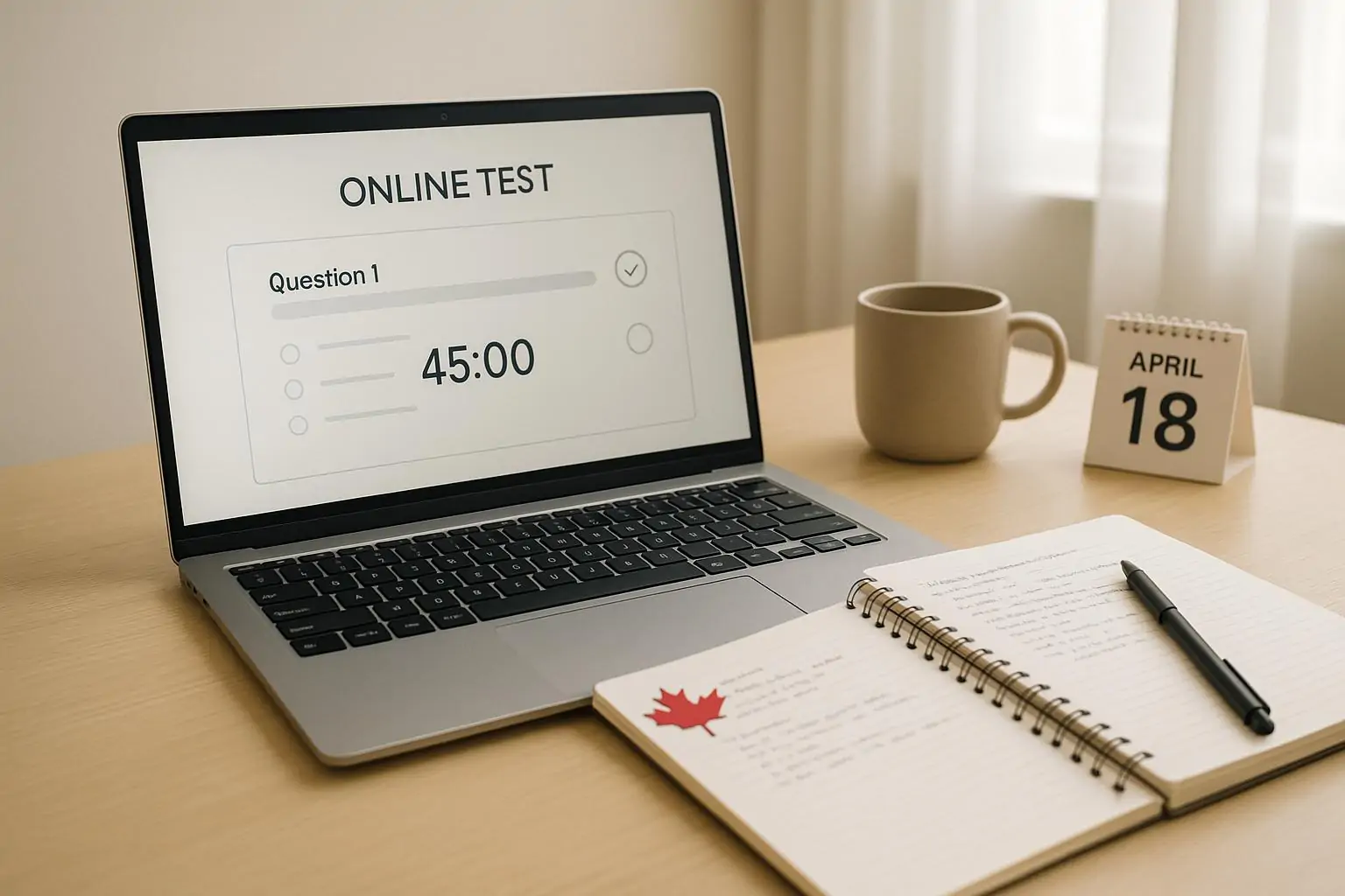 Ноутбук с нейтральным онлайн‑тестом и таймером 45:00 на светлом столе, заметки и символ кленового листа