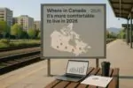Отчёт с графиками и карта Канады на фоне спокойного небольшого города, символизируя комфорт жизни в 2026