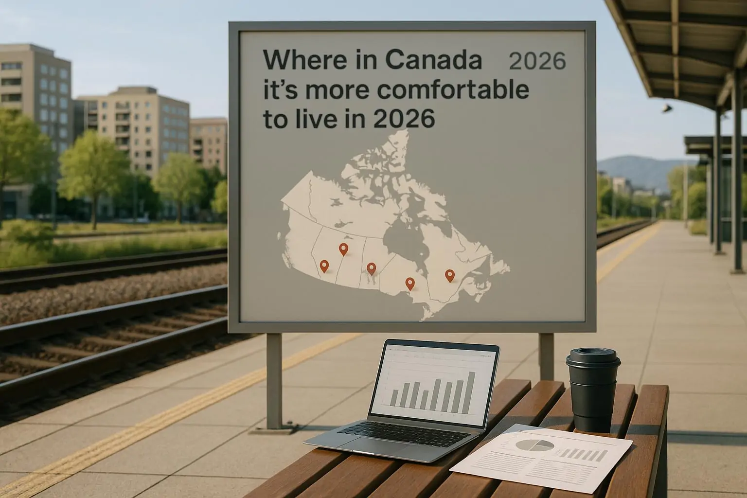 Отчёт с графиками и карта Канады на фоне спокойного небольшого города, символизируя комфорт жизни в 2026