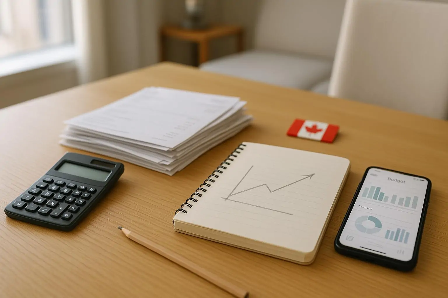 Стол с счетами, калькулятором и нейтральным графиком в форме «K», символ роста долгов в Канаде