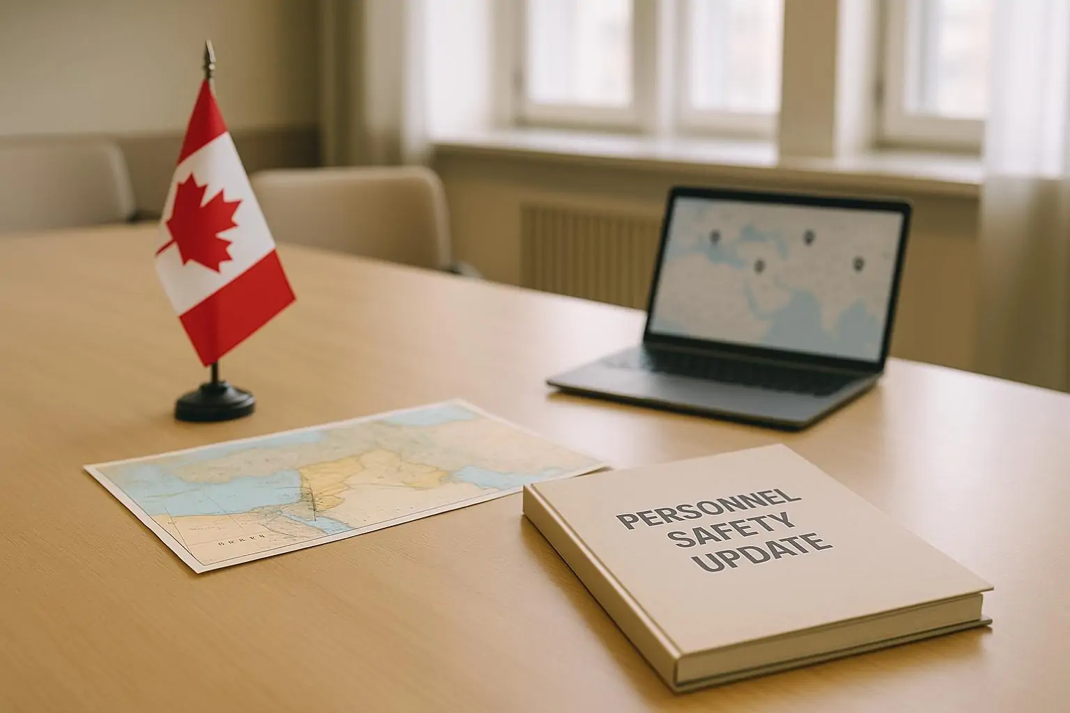 Карта Ближнего Востока и папка «Безопасность персонала» на столе, мягкий дневной свет, нейтрально