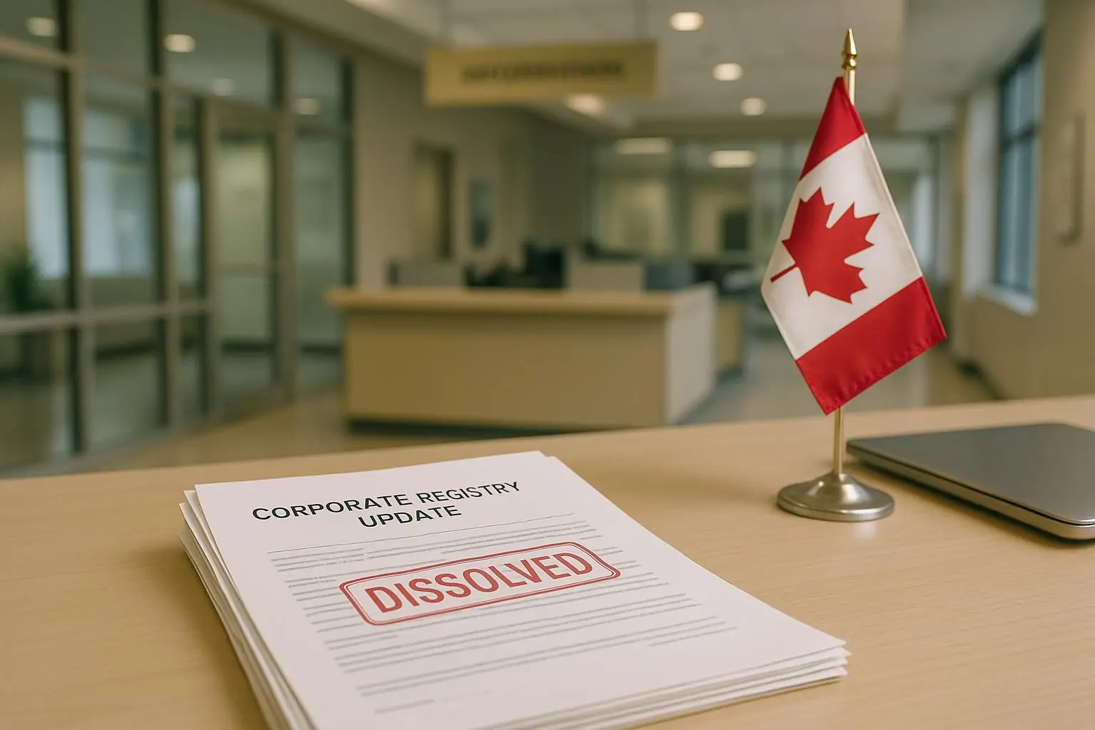 Документы из корпоративного реестра с печатью «ликвидировано» рядом с маленьким флагом Канады