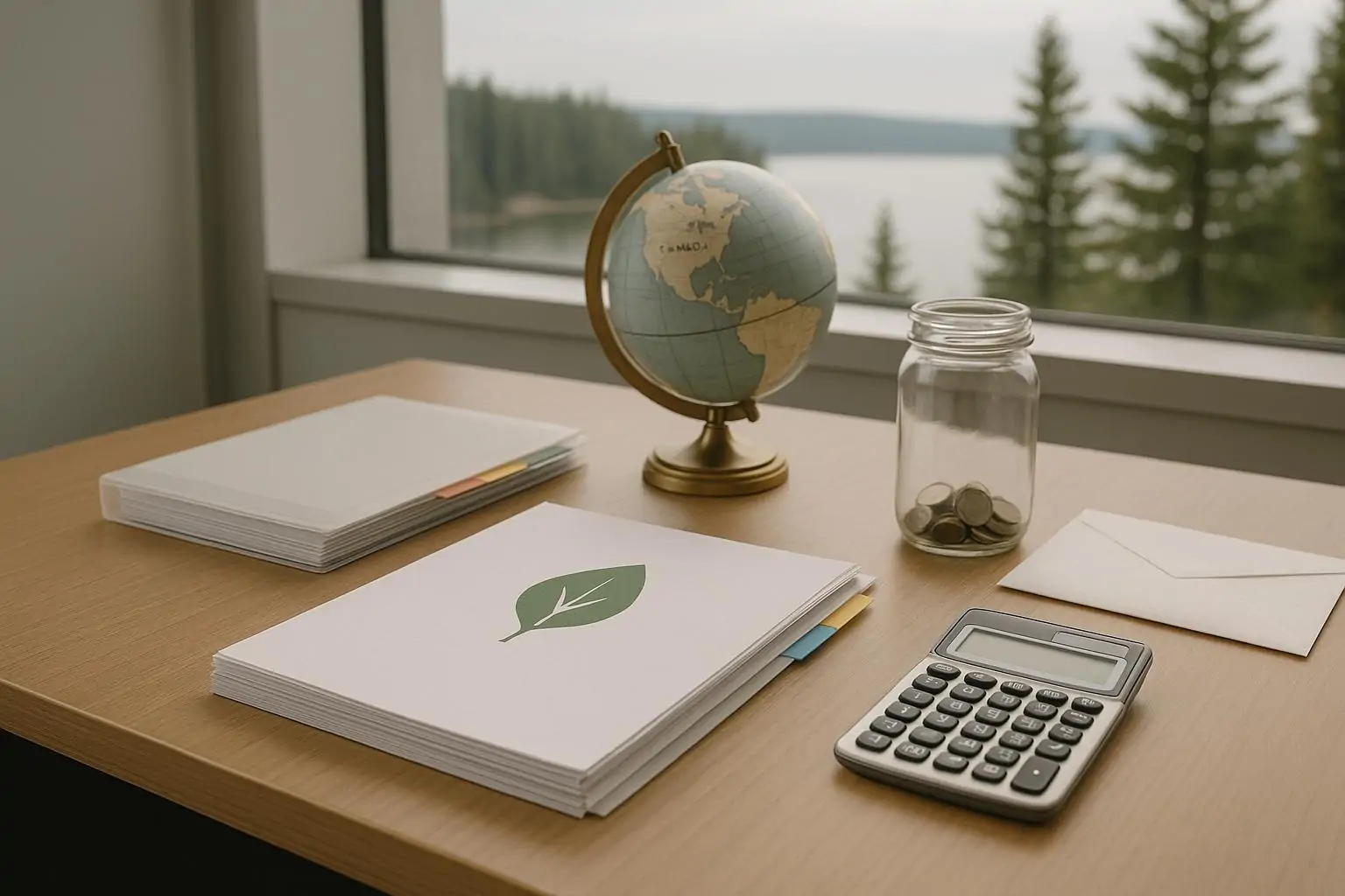 Почти пустая банка с монетами рядом с документами и маленьким глобусом, на фоне леса и воды.