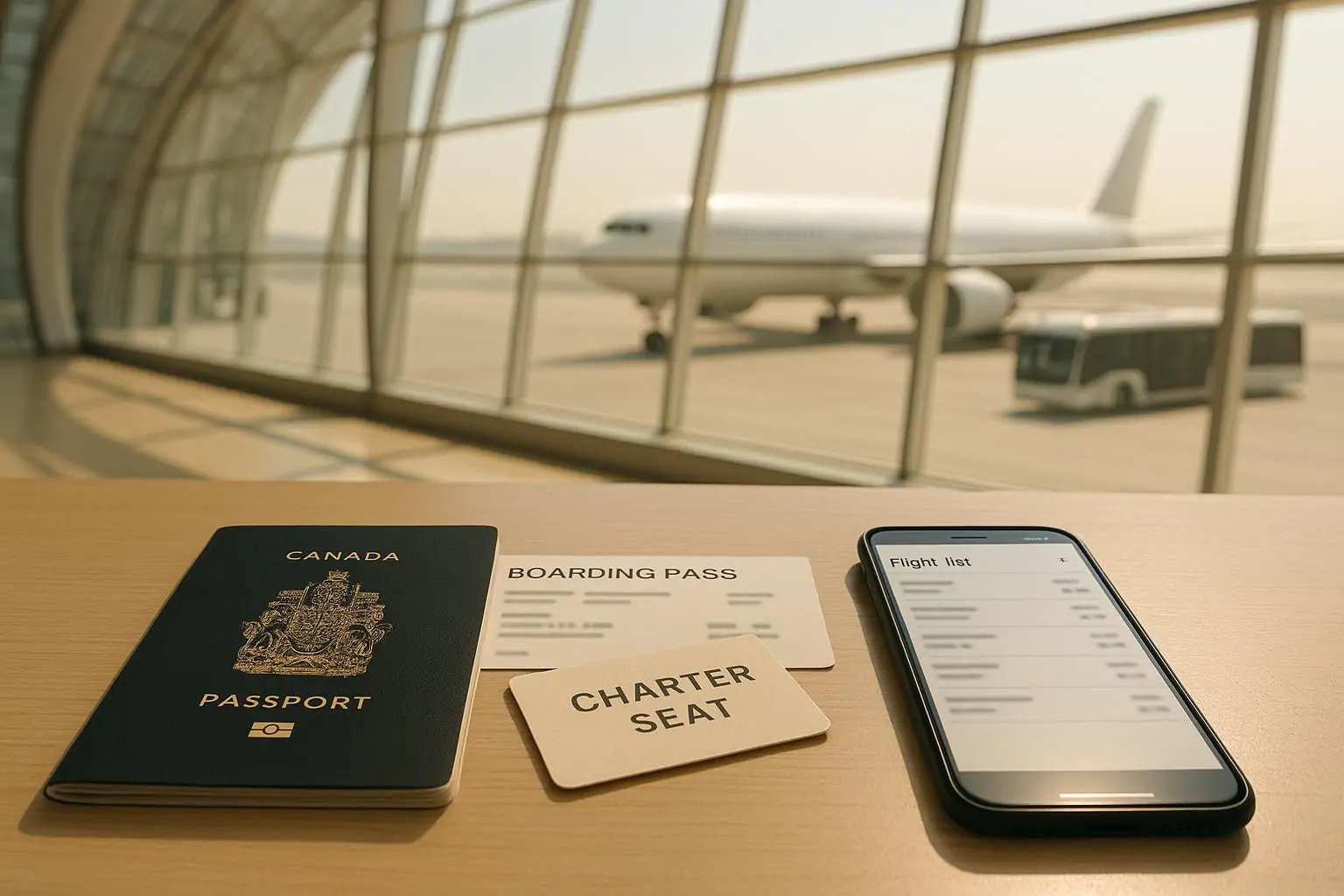 В светлом терминале аэропорта лежат канадский паспорт и посадочный, на фоне видны самолёт и шаттл-автобус.