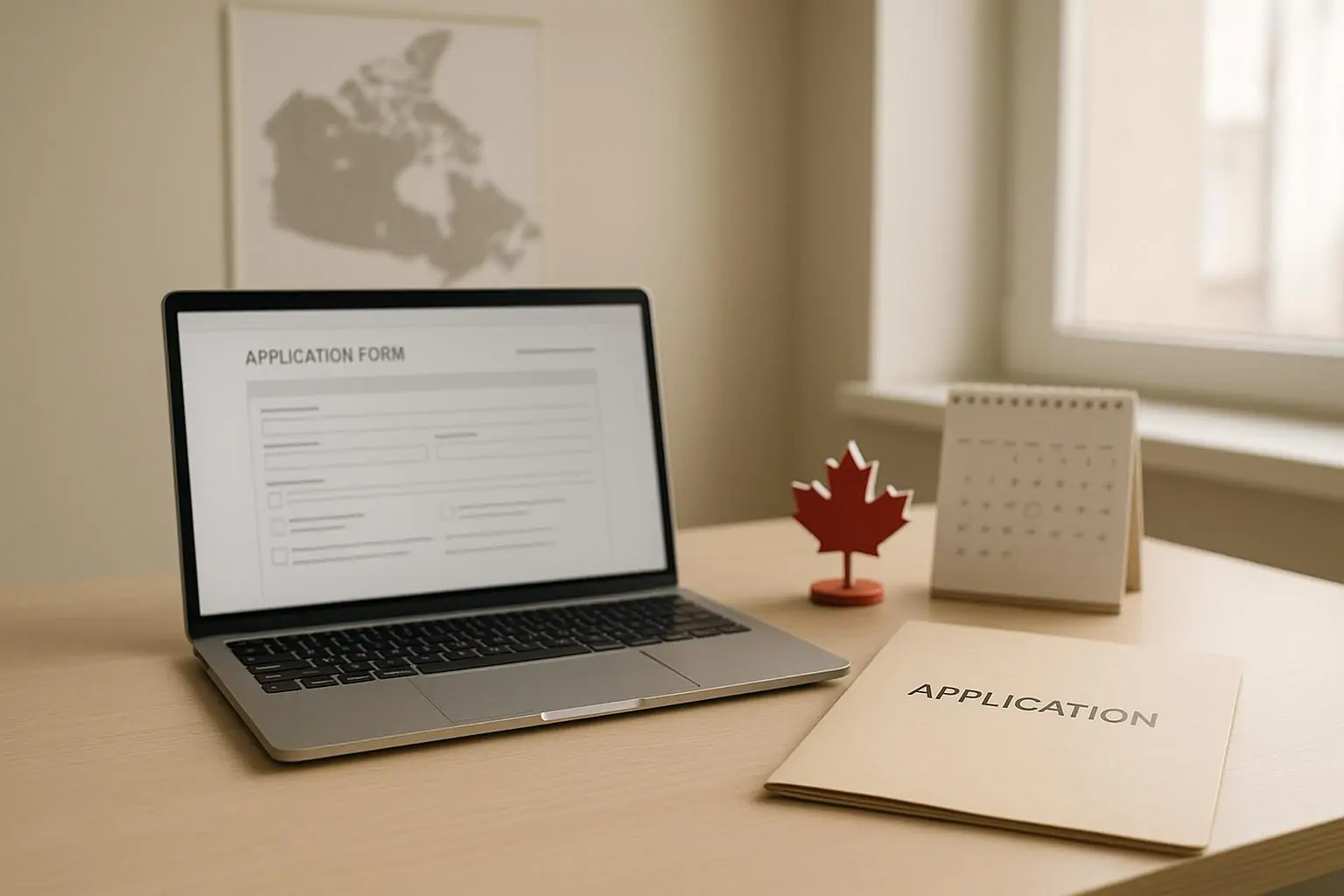Рабочий стол с ноутбуком и папкой заявки, на фоне размытая карта Канады, мягкий дневной свет