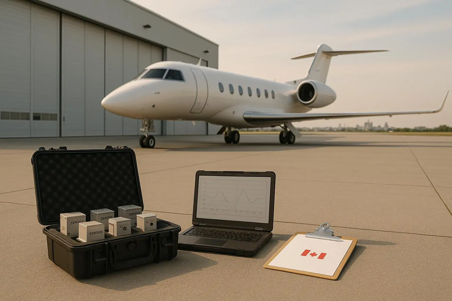 Современный бизнес-джет у исследовательского ангара и кейс с сенсорным оборудованием, мягкий дневной свет.