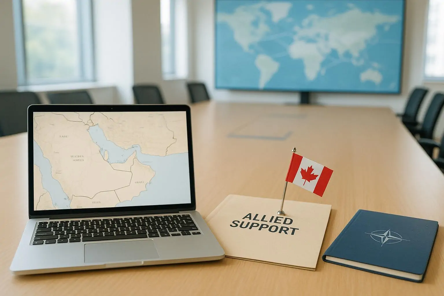 Светлый кабинет планирования: карта Персидского залива на экране, папка «поддержка союзников» и канадский флажок.