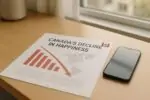 Стол у окна: отчёт с графиком снижения и смартфон рядом, символ влияния соцсетей на счастье в Канаде