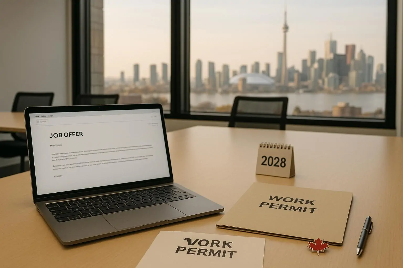 Светлый офис и ноутбук с нейтральным оффером, папка «Work Permit» и календарь 2028 на столе.