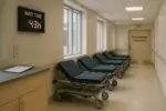 Пустые каталки в коридоре приёмного отделения и табло с длительным временем ожидания, дневной свет