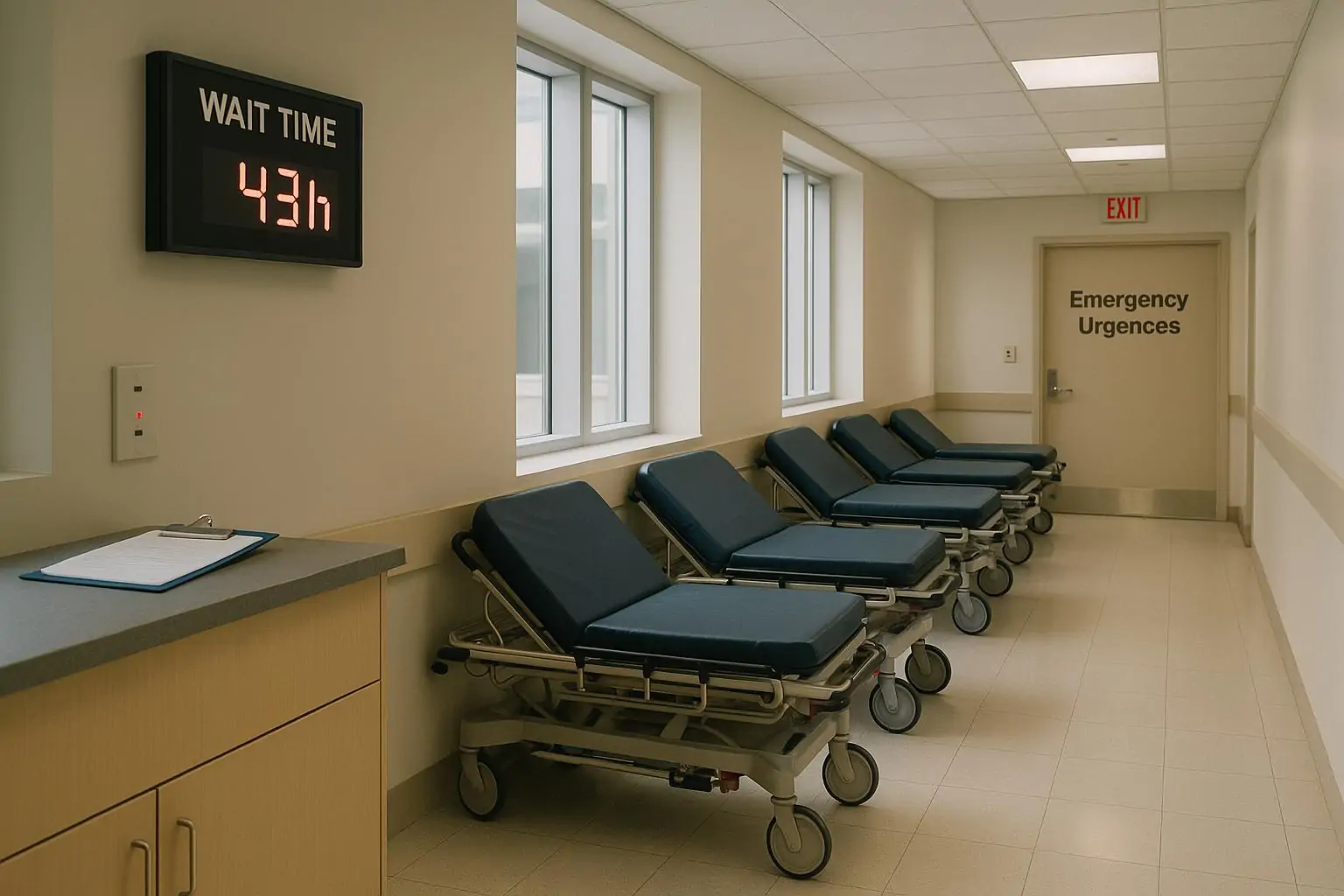 Пустые каталки в коридоре приёмного отделения и табло с длительным временем ожидания, дневной свет