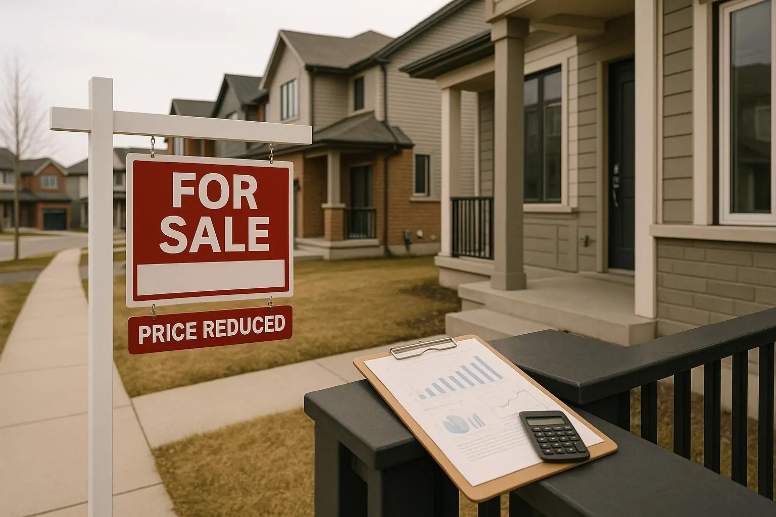 Тихая улица с современными домами в Канаде и табличкой «Price Reduced» как символ охлаждения рынка жилья