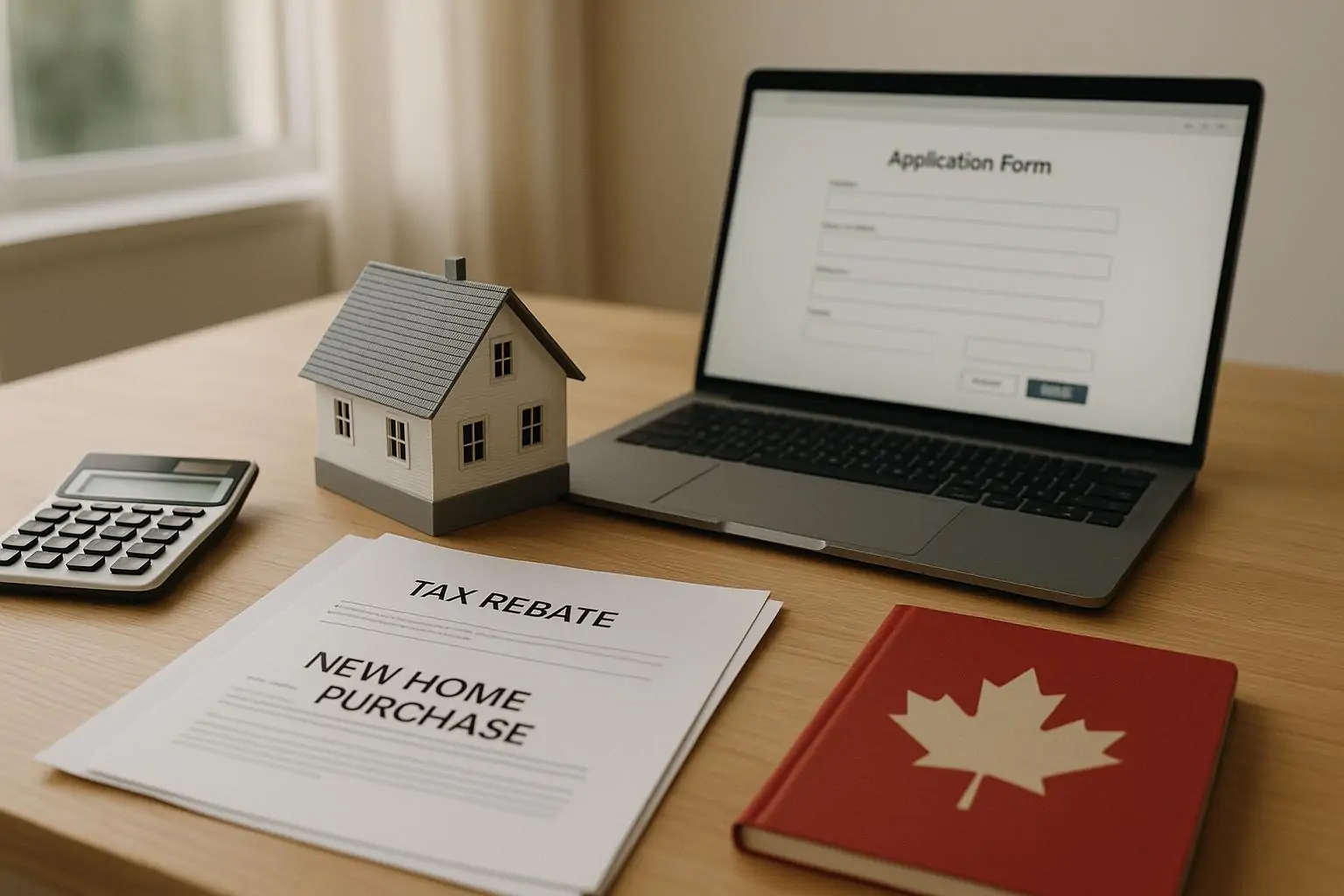 Светлый стол с макетом дома, документами о налоговом возврате и нейтральной онлайн-формой в канадском контексте