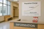 Светлый офисный вестибюль в Канаде с графиком роста населения: линия миграции растёт, естественный прирост почти нулевой