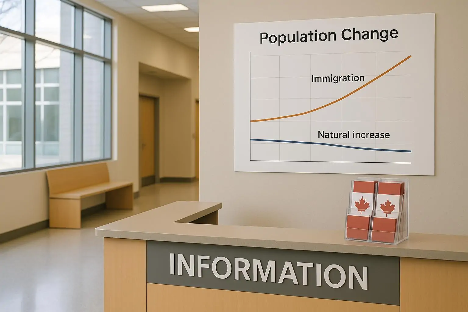 Светлый офисный вестибюль в Канаде с графиком роста населения: линия миграции растёт, естественный прирост почти нулевой