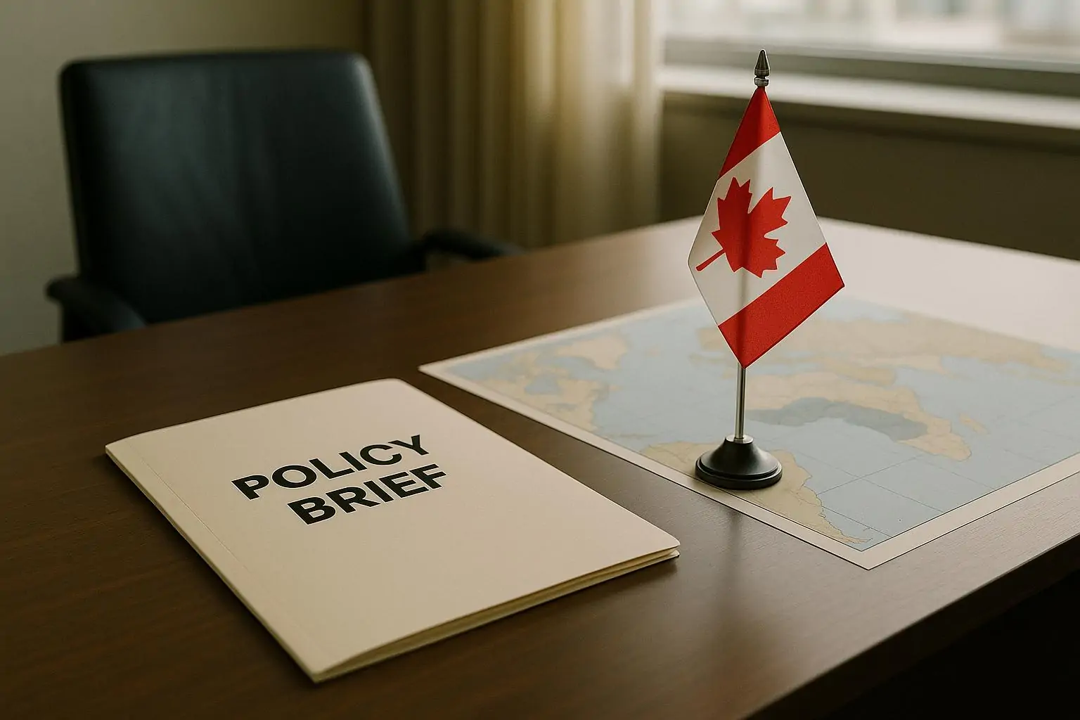 Папка с политической запиской и настольный флаг Канады на столе, рядом карта Ближнего Востока.