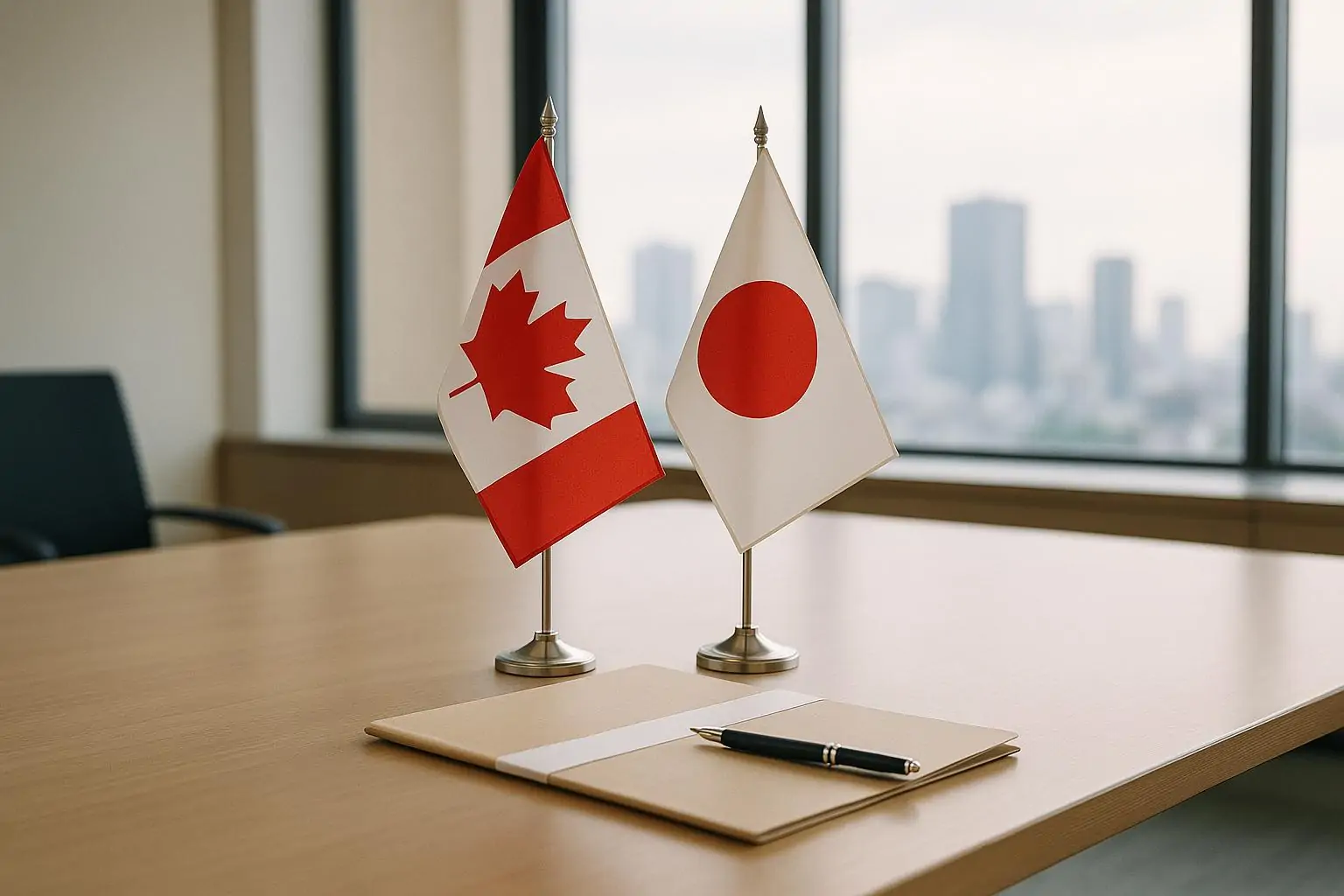 Флаги Канады и Японии на столе рядом с папкой и ручкой в светлом кабинете, символ нового партнёрства.
