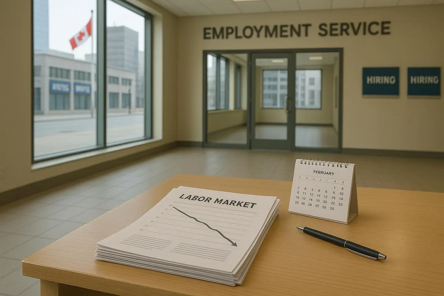 Отчёты с графиком снижения занятости и календарём на февраль на столе в светлом офисе, Канада