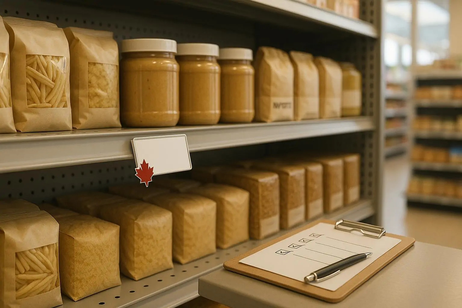 Полка супермаркета с ценником и кленовым стикером рядом с пометкой «импорт», символ честной маркировки