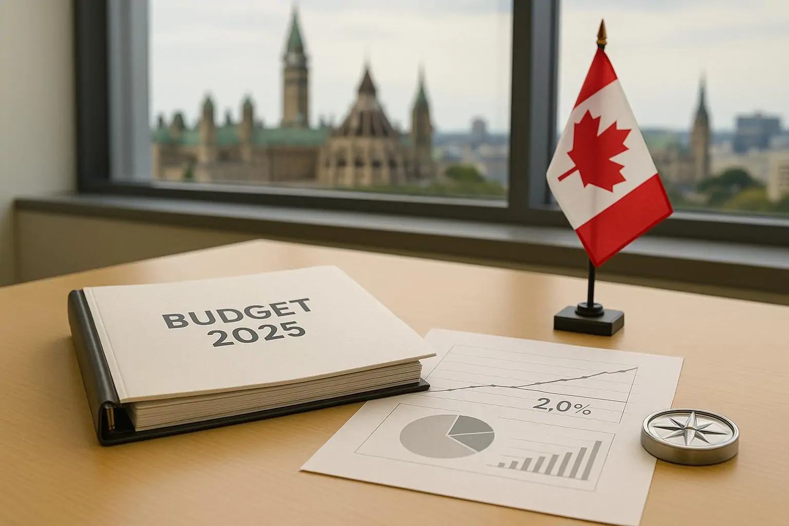 Папка с бюджетом и графики с отметкой 2,0% рядом с маленьким флагом Канады в светлом офисе