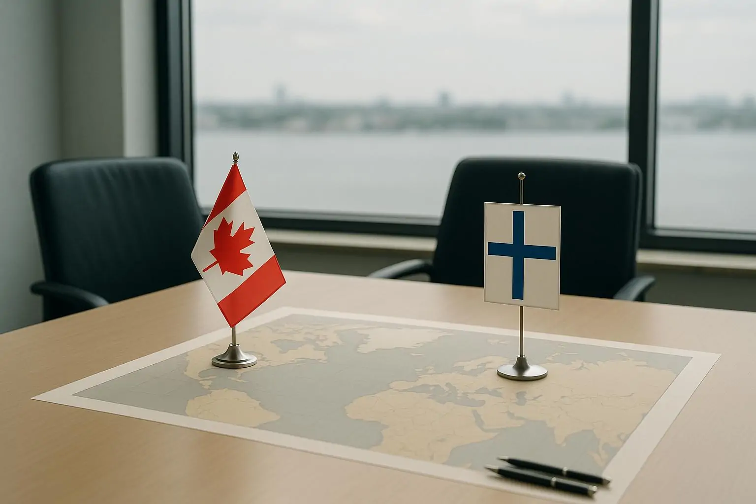 Светлый переговорный стол с картой Арктики и символикой Канады и Северной Европы, намёк на сотрудничество