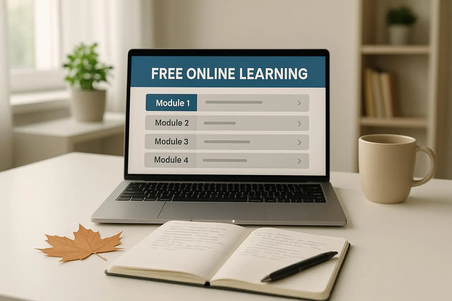 Светлый рабочий стол с ноутбуком и конспектами, символизирующий бесплатные онлайн-курсы канадских вузов