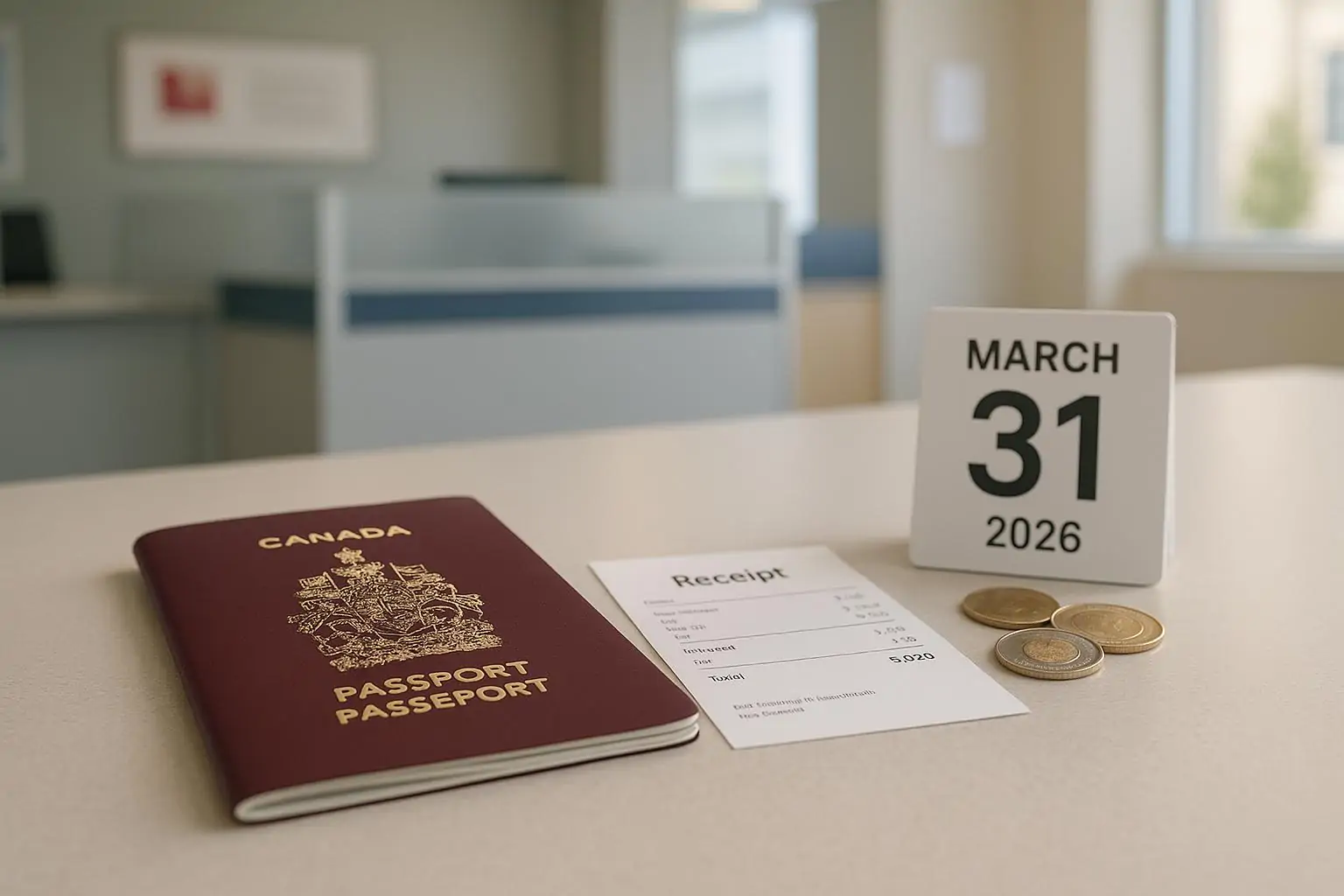 Канадский паспорт на столе рядом с квитанцией, монетами и календарём с датой 31 марта 2026 года
