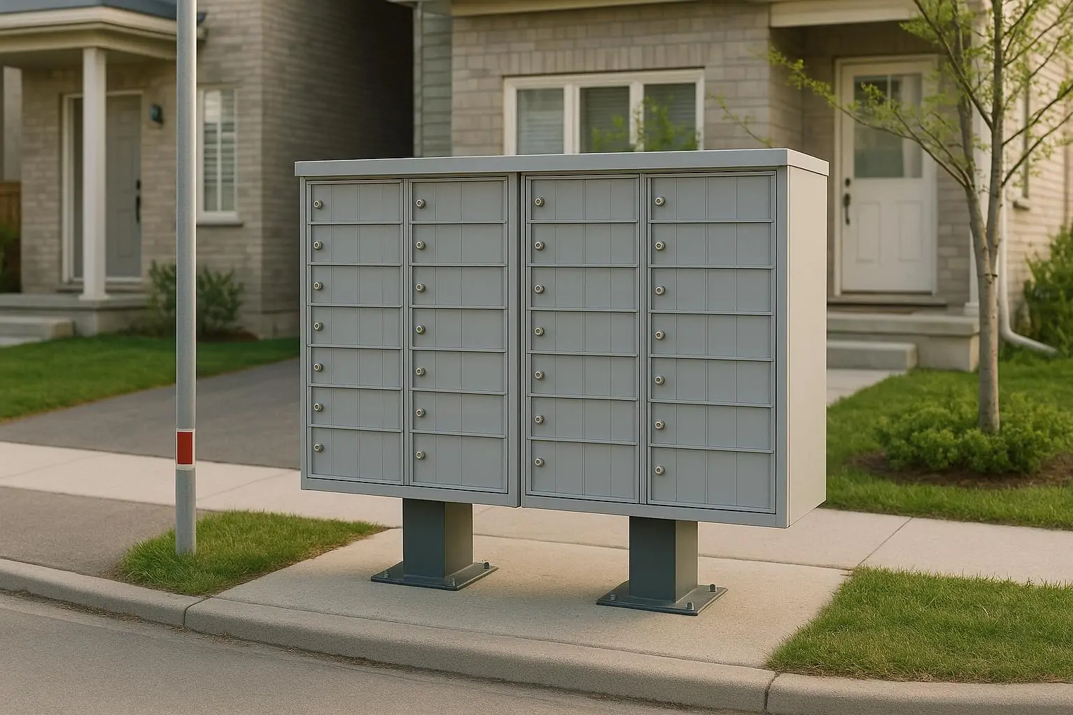 Общинные почтовые ящики на тихой улице, на заднем плане размытая дверь дома без почты на коврике