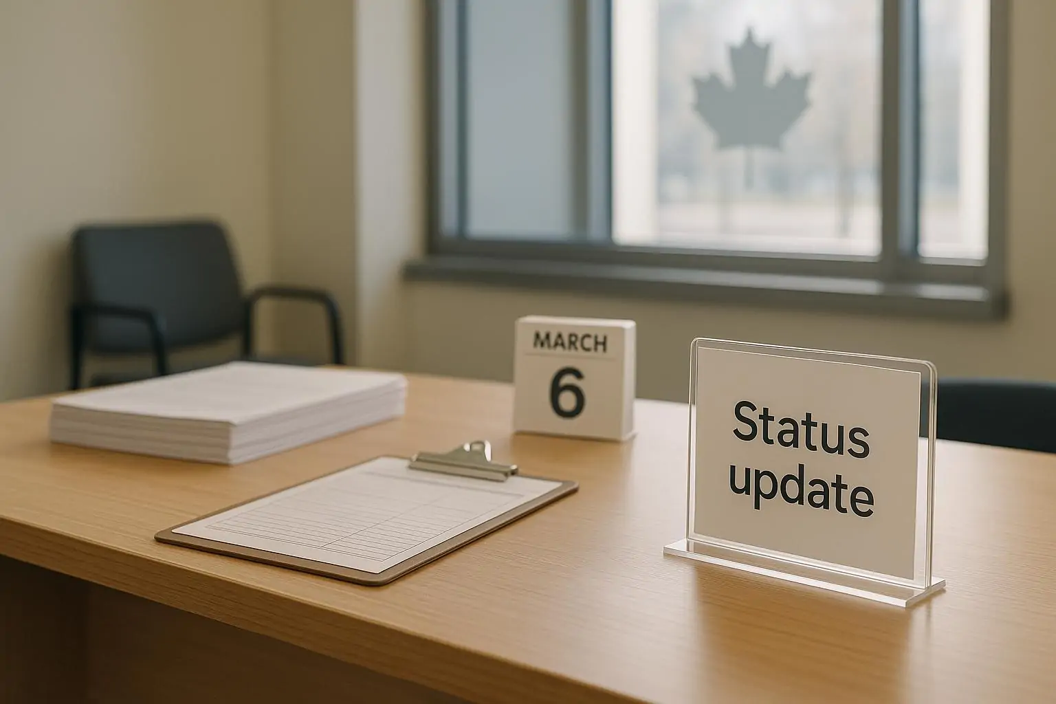 Спокойный интерьер сервиса в Канаде: стол с формами и календарём, на стекле размытый кленовый лист.