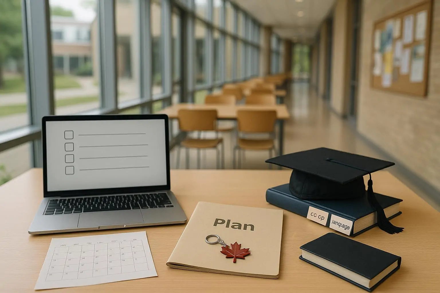 Рабочий стол студента в кампусе: ноутбук, календарь и заметки о плане к ПМЖ в Канаде, мягкий дневной свет.