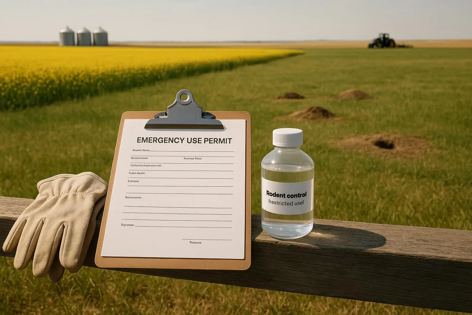 Поля канолы на прериях и папка с разрешением на ограниченный контроль грызунов у деревянного забора