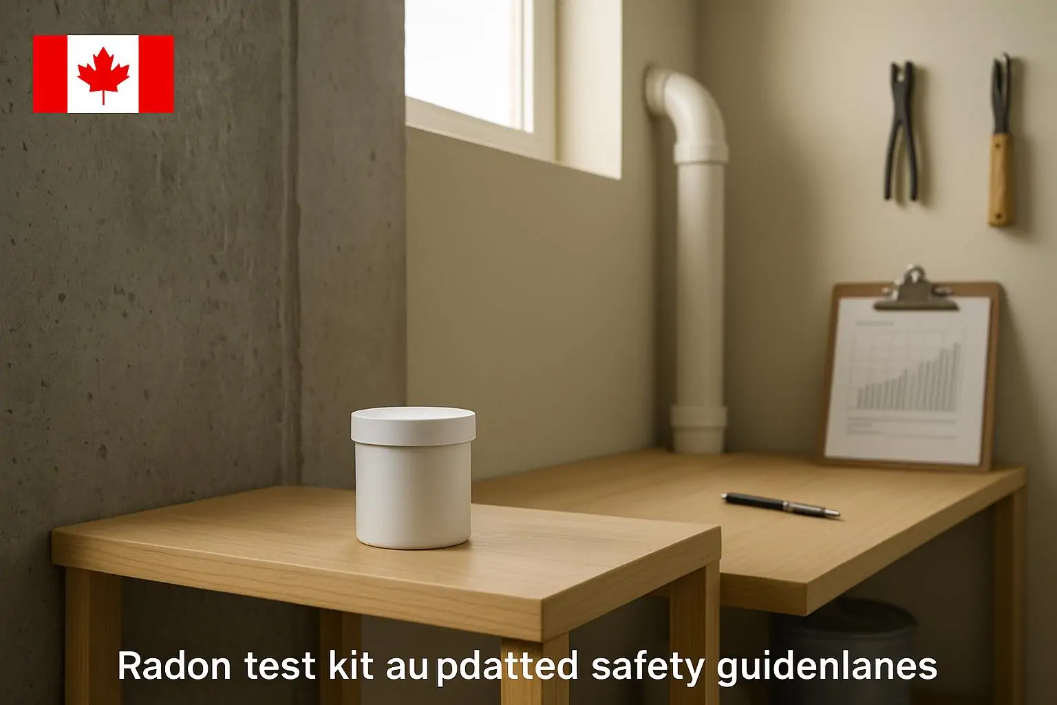 Радоновый тест-датчик на полке в светлом подвале современного дома, намёк на контроль качества воздуха