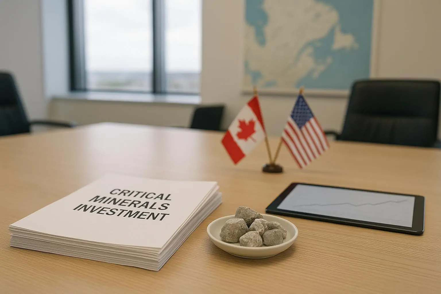 Документы о госинвестициях и образцы руды на столе, на заднем плане карта Сев. Квебека и флаги Канады и США.