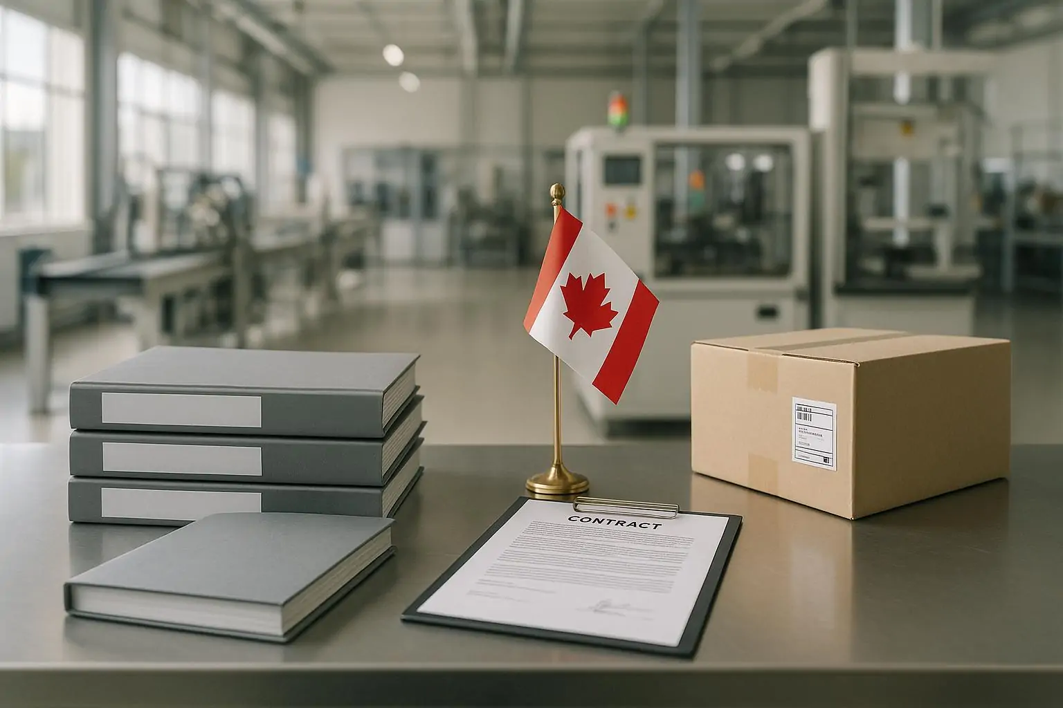 Контракт на оборонные закупки Канады на столе рядом с маленьким флагом и коробкой в цехе завода