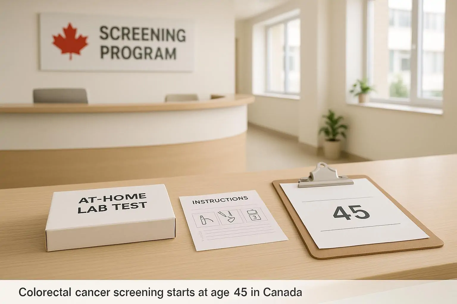 Набор для домашнего FIT‑теста и памятка в светлой клинике; на листе выделен новый порог скрининга 45 лет.