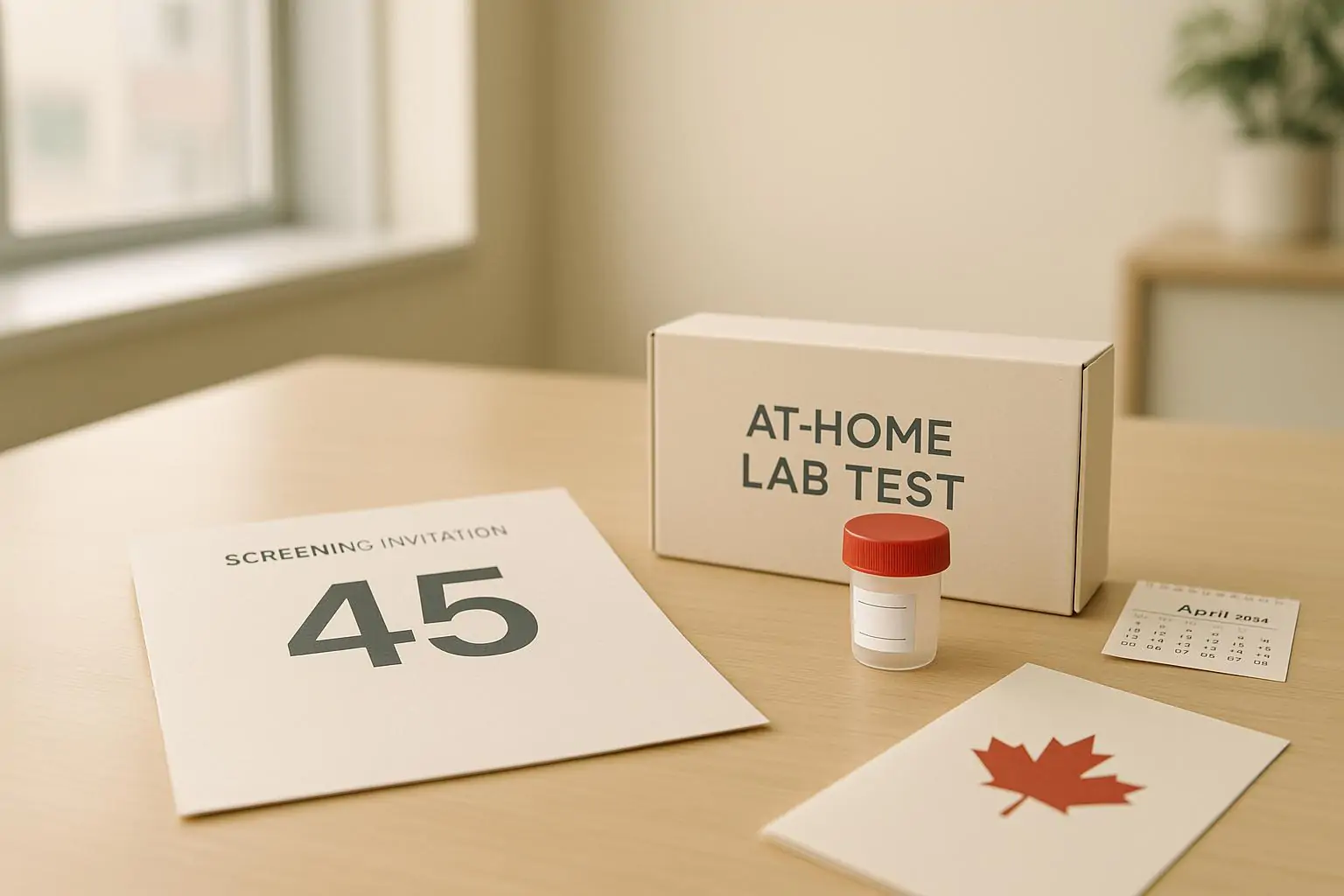 Письмо-приглашение на скрининг с цифрой 45 рядом с домашним тест-набором в светлой клинике Канады
