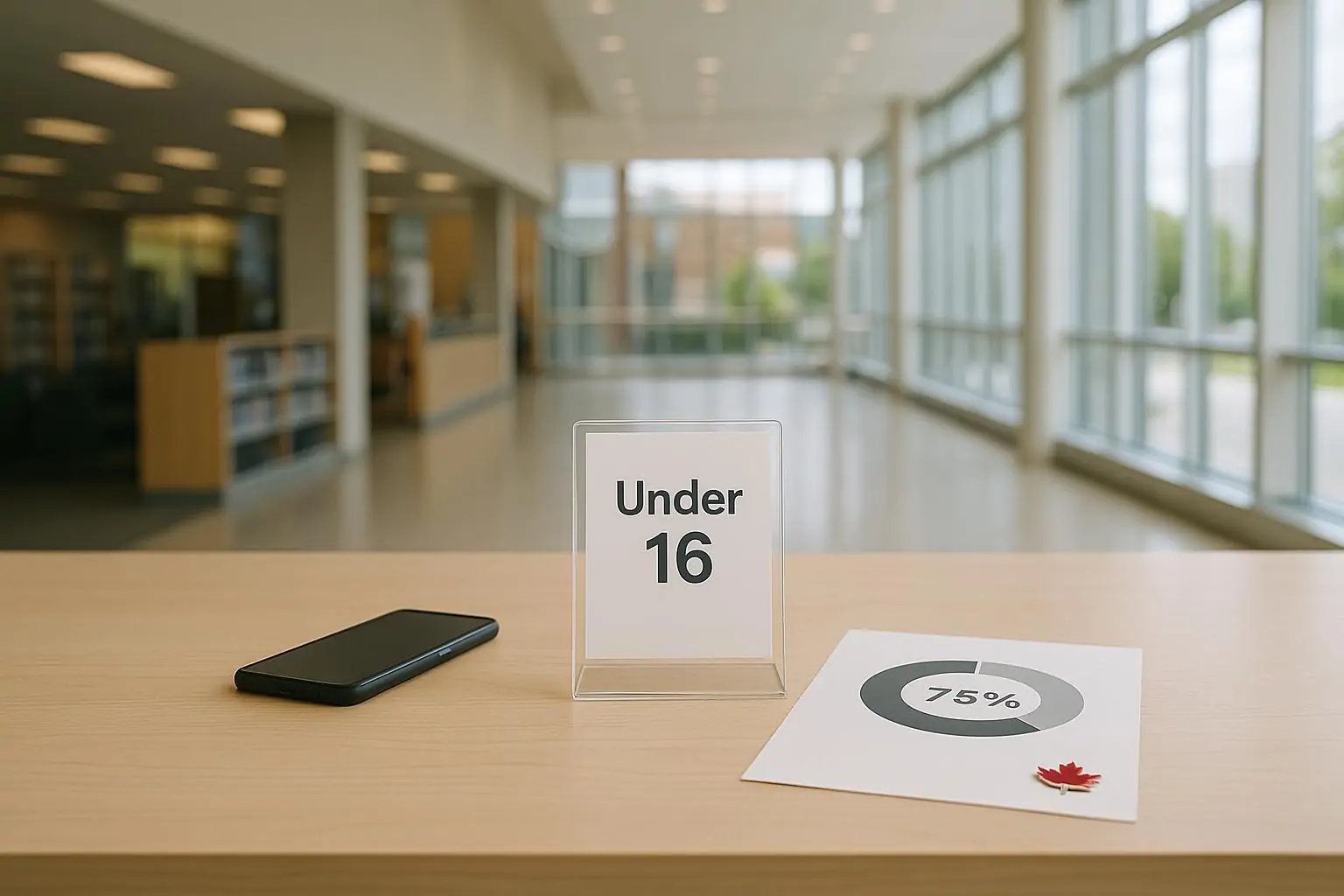 Смартфон рядом с табличкой «до 16» и графиком 75% в светлом общественном пространстве Канады