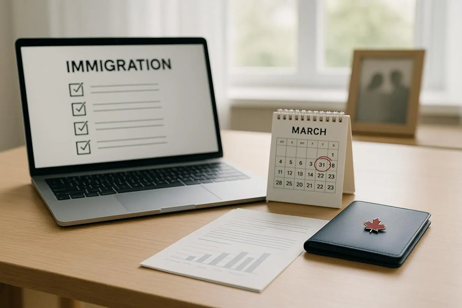Рабочий стол с документами о доходах, календарём на 31 марта 2026 и символом Канады, мягкий дневной свет
