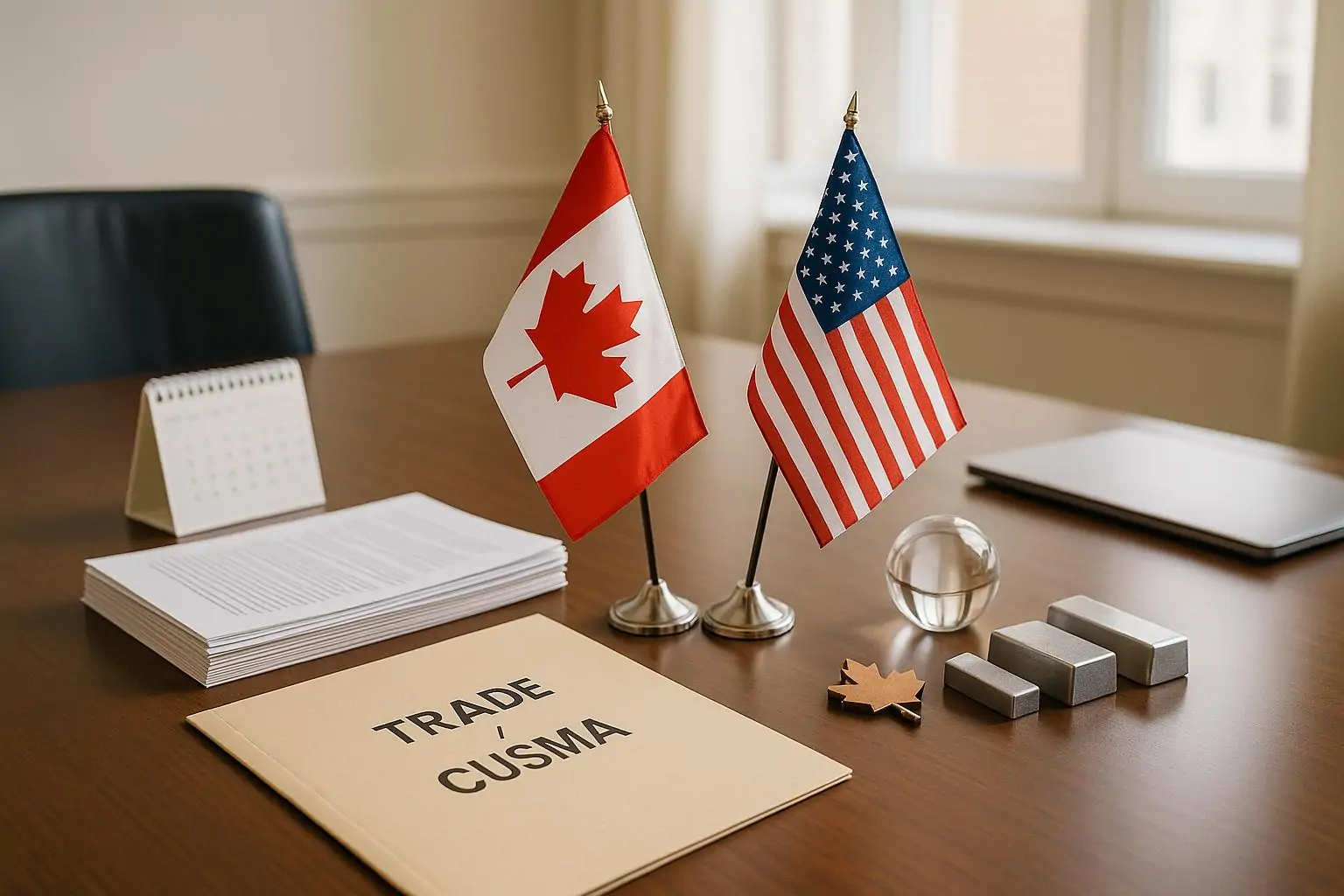 Флаги Канады и США рядом с папкой о торговых переговорах на столе в светлой переговорной