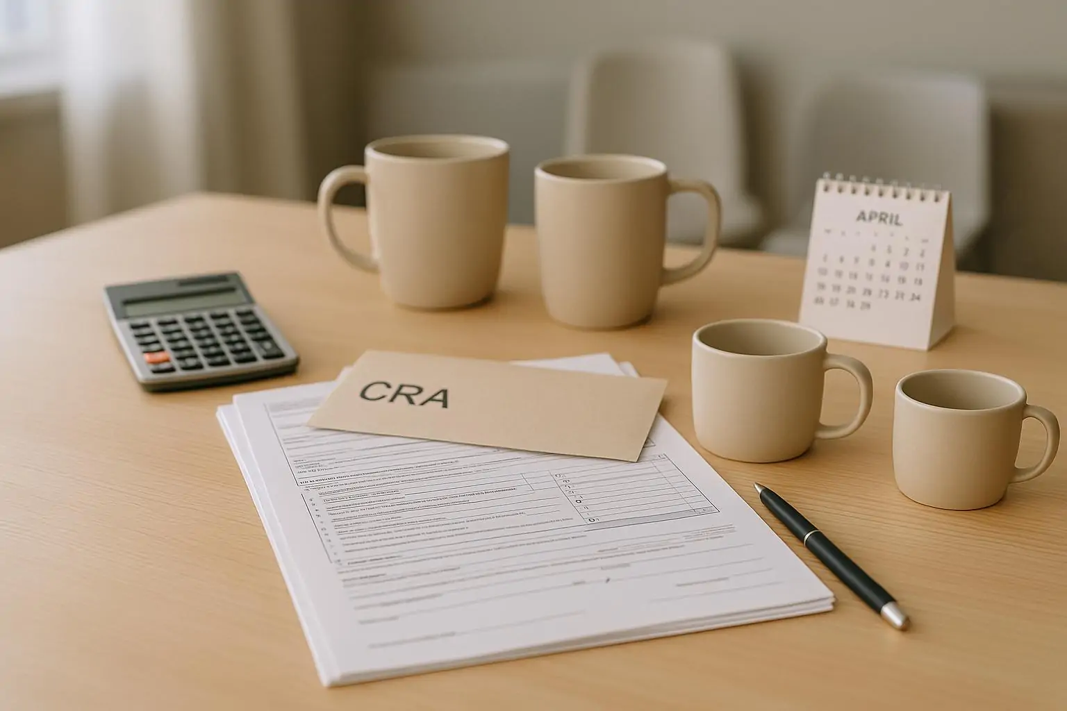 Нейтральная сцена: налоговые формы, конверт CRA и две кружки рядом, одна отдельно, в светлом интерьере.