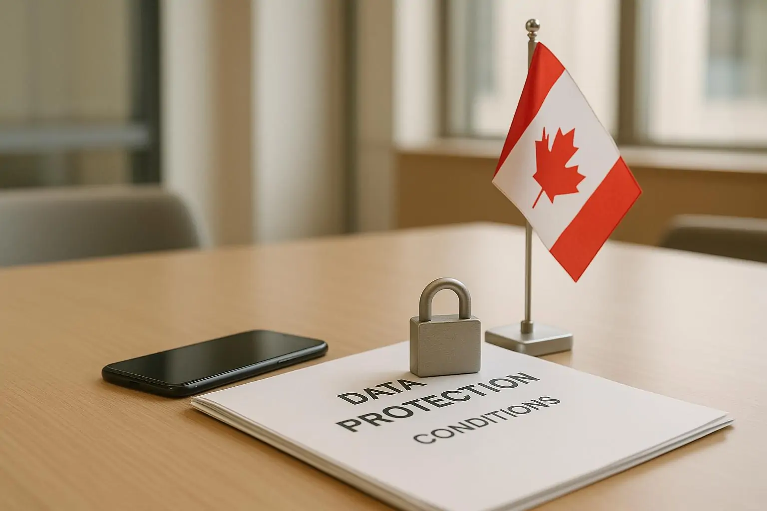 Смартфон рядом с канадским флагом и папкой «Защита данных», символизирующие условия работы TikTok в Канаде.