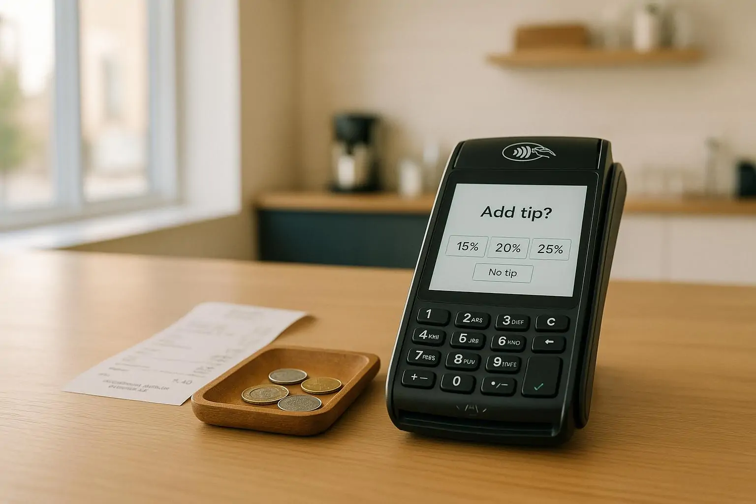 Терминал оплаты в канадском кафе с экраном «Add tip?», рядом чек и монеты, мягкий дневной свет.