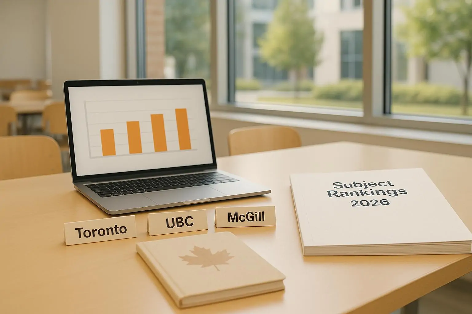 Стол в учебной зоне: ноутбук с нейтральным графиком рейтинга и таблички Toronto, UBC, McGill рядом