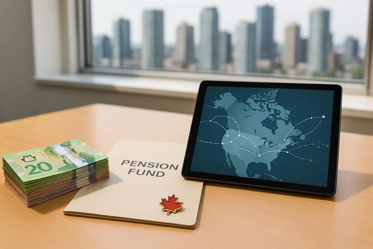 Канадские доллары и папка пенсионного фонда на столе рядом с графиком инвестиций между Канадой и США