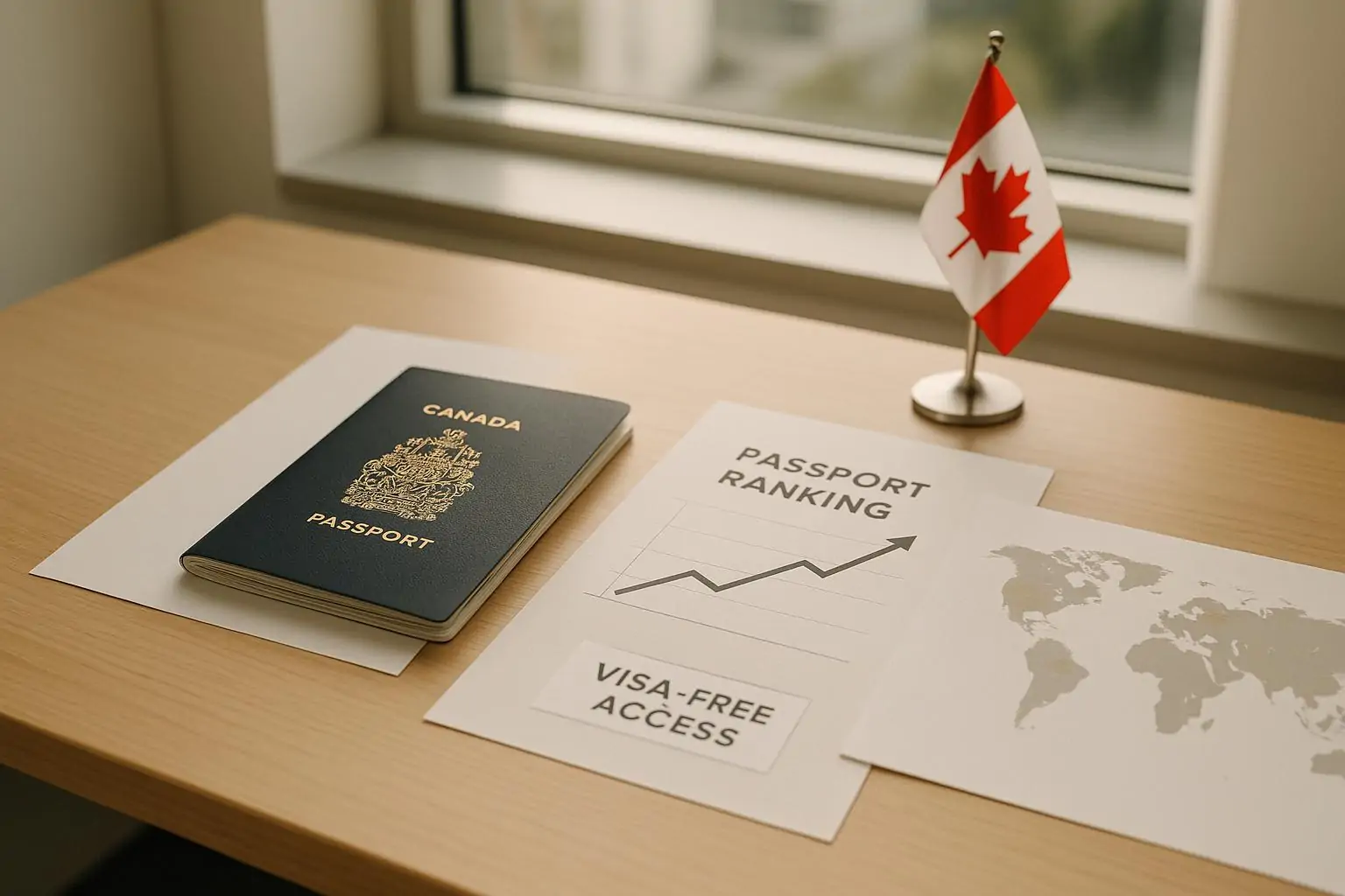Канадский паспорт на столе рядом с графиком роста и картой мира в мягком дневном свете