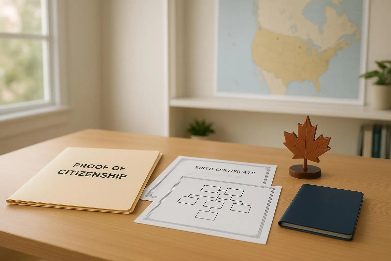 Папка с документами о происхождении и подтверждении гражданства рядом с нейтральным паспортом на светлом столе